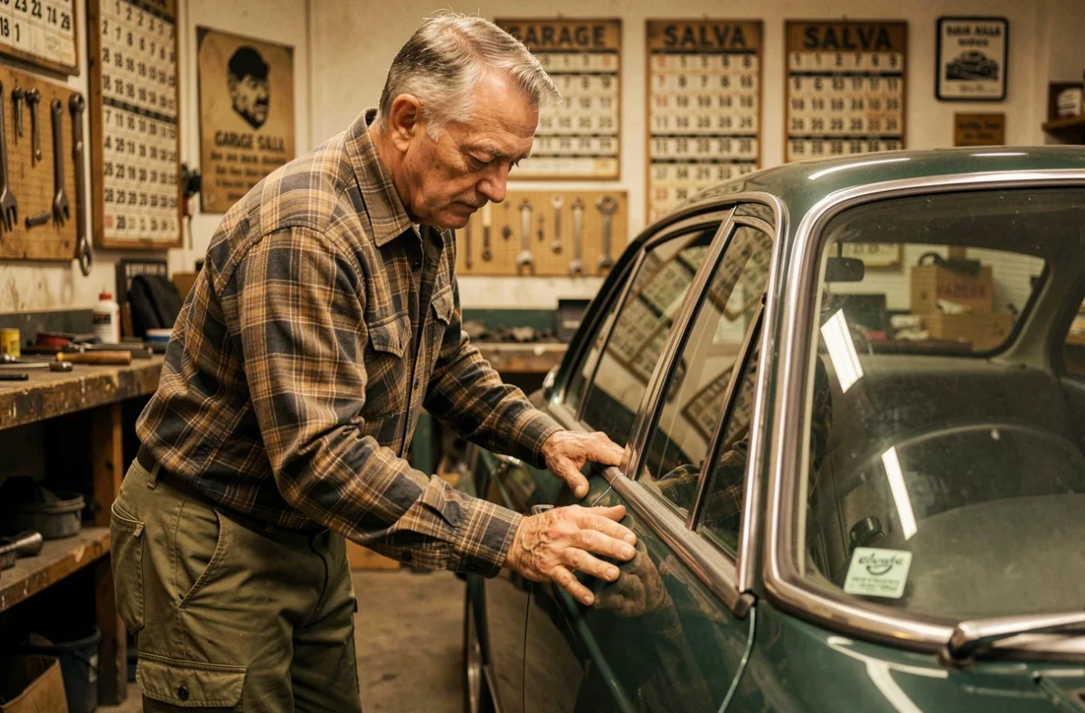 Propriétaire expérimenté du Garage Salva inspectant la rectitude d'une porte réparée sur une berline verte dans un atelier artisanal parisien