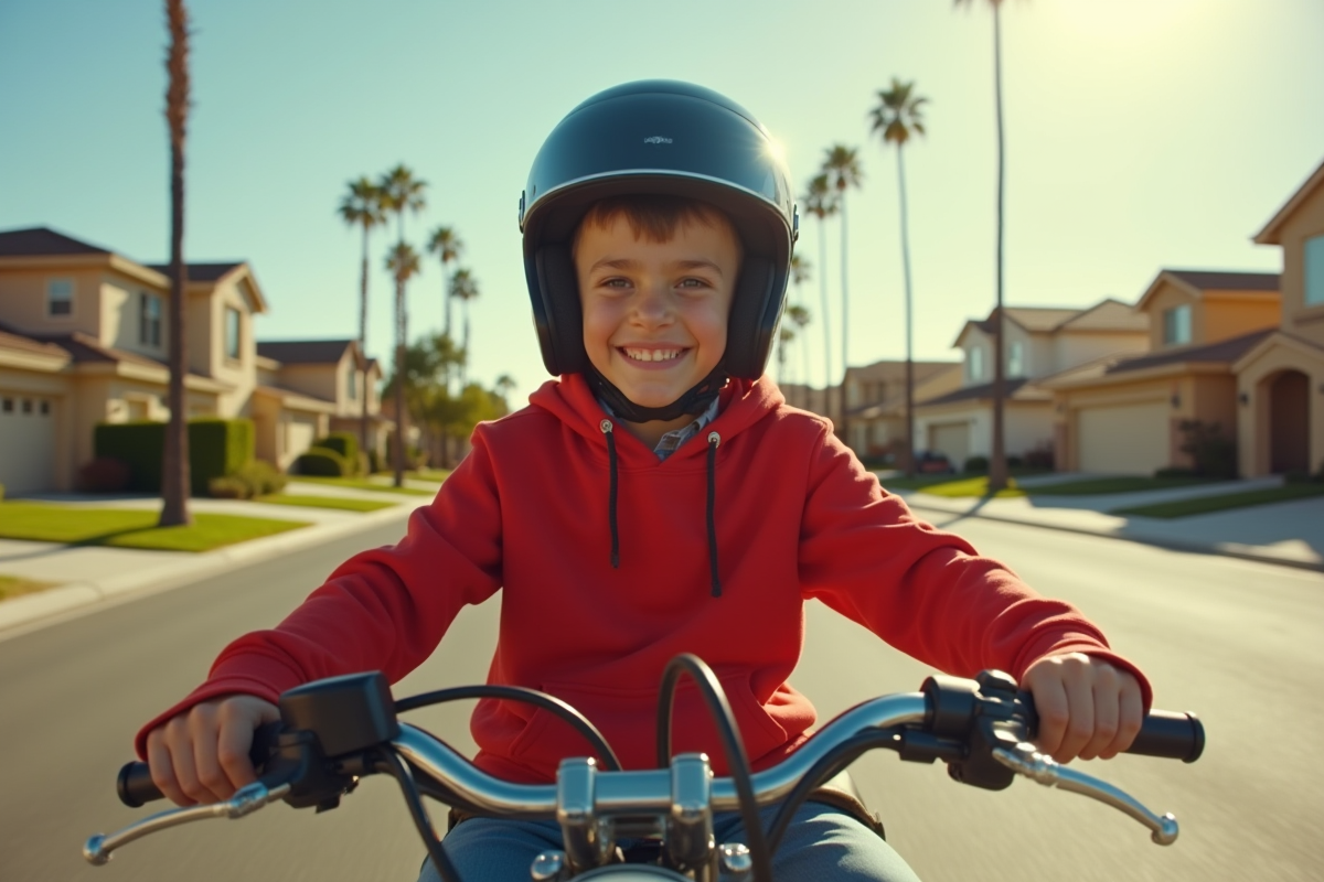Garçon en casque sur une moto dans un quartier californien