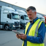 Manager de flotte surveillant camions modernes en yard