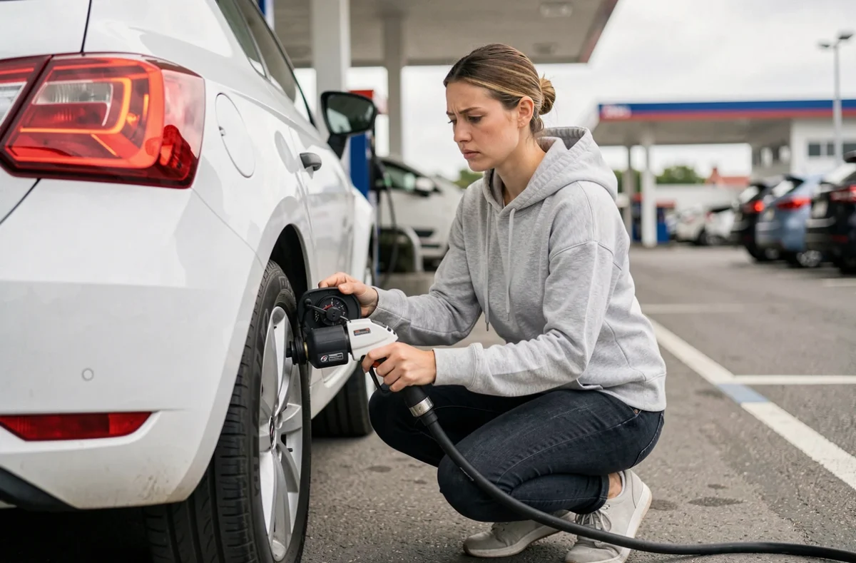Femme gonflant un pneu de Seat Ibiza à la station-service avec un compresseur à air