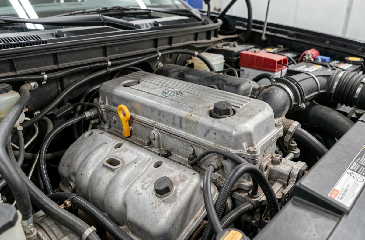 Gros plan sur le compartiment moteur Nissan, détail technique et fiabilité des composants moteur