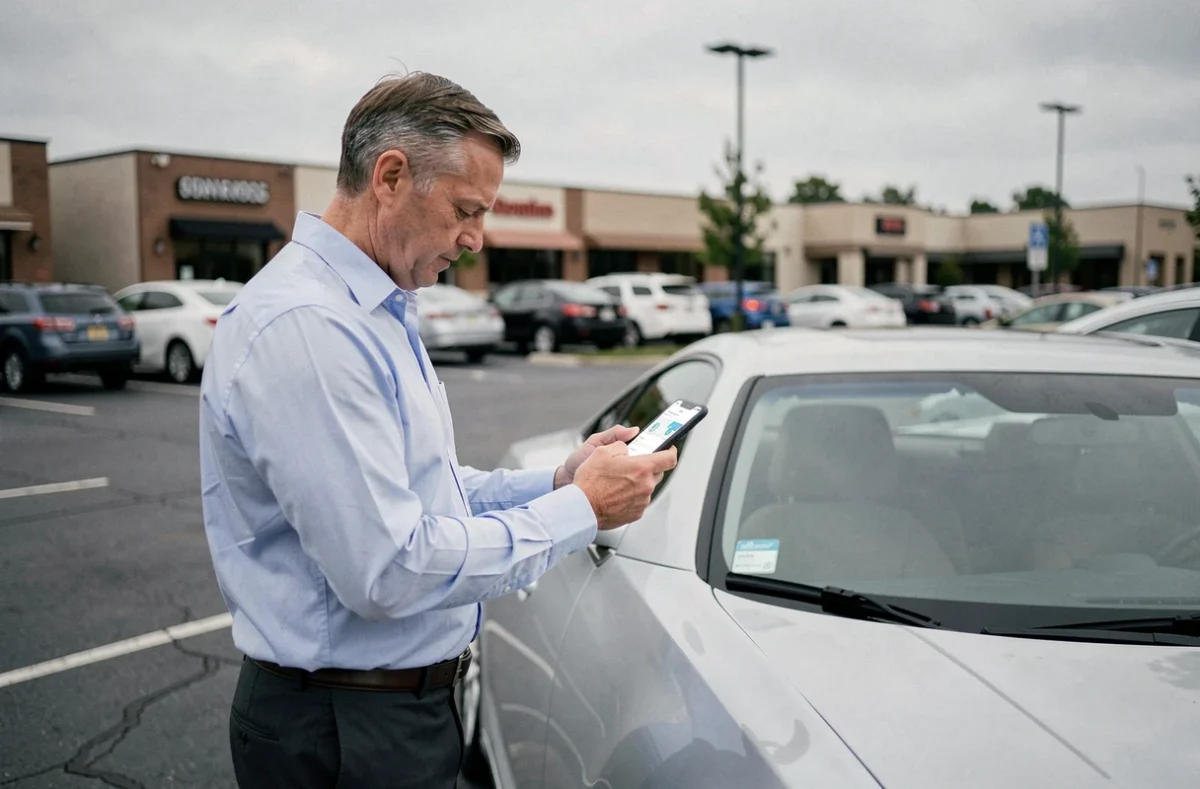 Homme consultant une application d'assurance auto sur son smartphone à côté de sa voiture