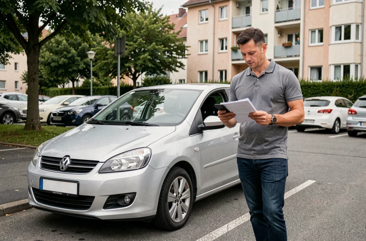 Homme consultant son assurance auto en tenant des documents devant sa voiture garée