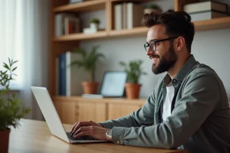 Homme assis à un bureau moderne utilisant autofantom
