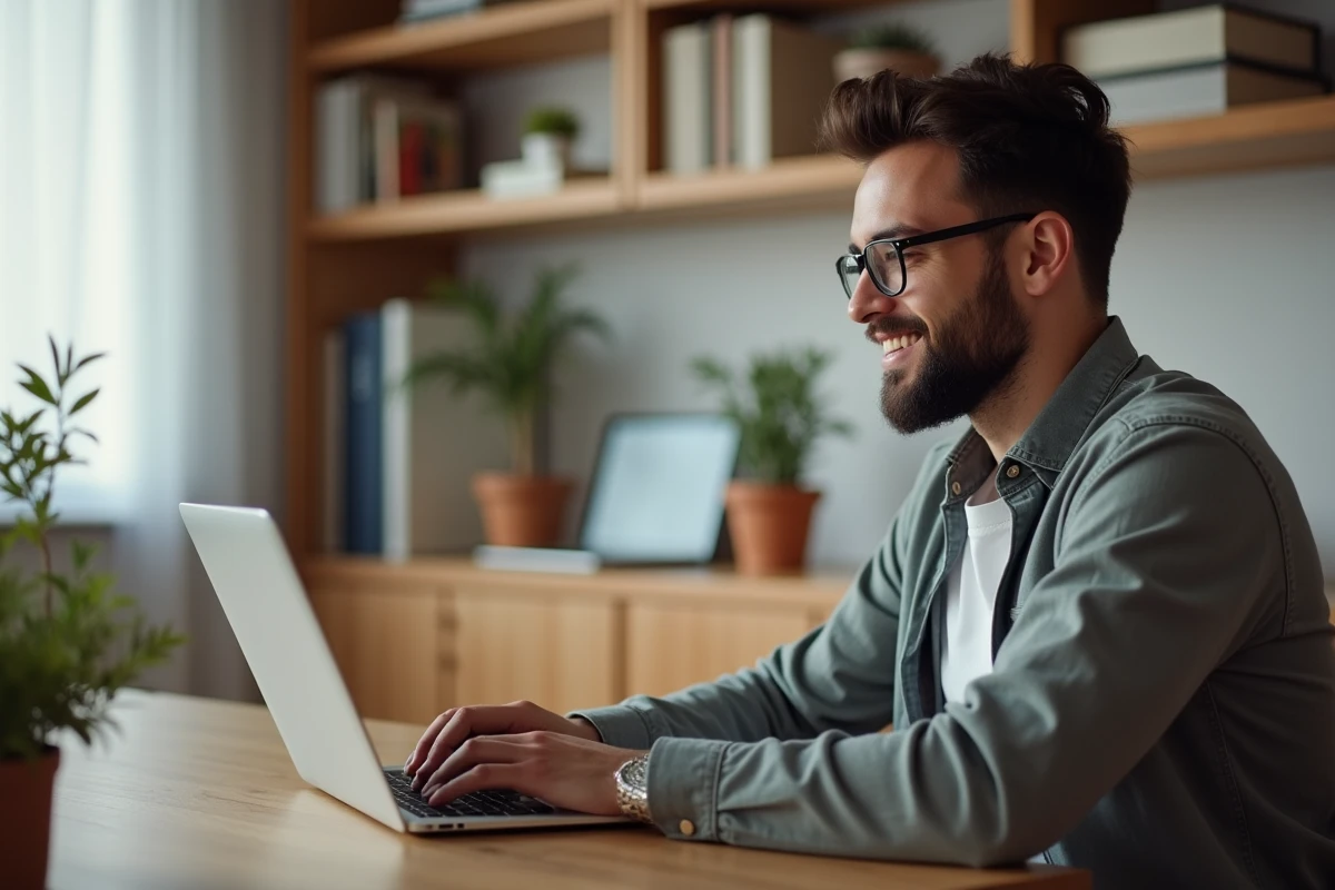 Homme assis à un bureau moderne utilisant autofantom