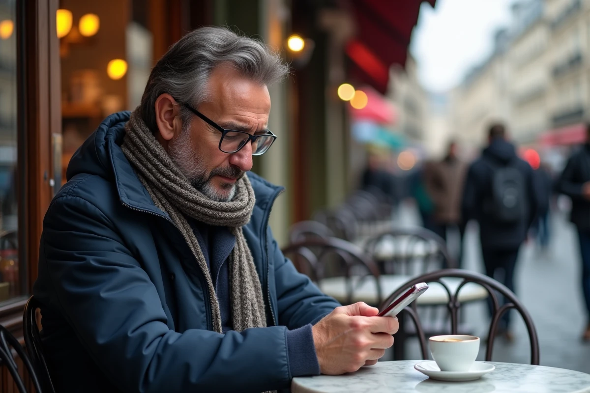 Homme d age moyen au café parisien recevant un rappel de stationnement