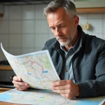 Homme d'âge moyen examinant une carte des autoroutes françaises