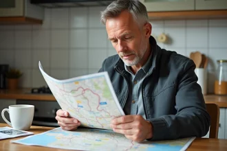Homme d'âge moyen examinant une carte des autoroutes françaises
