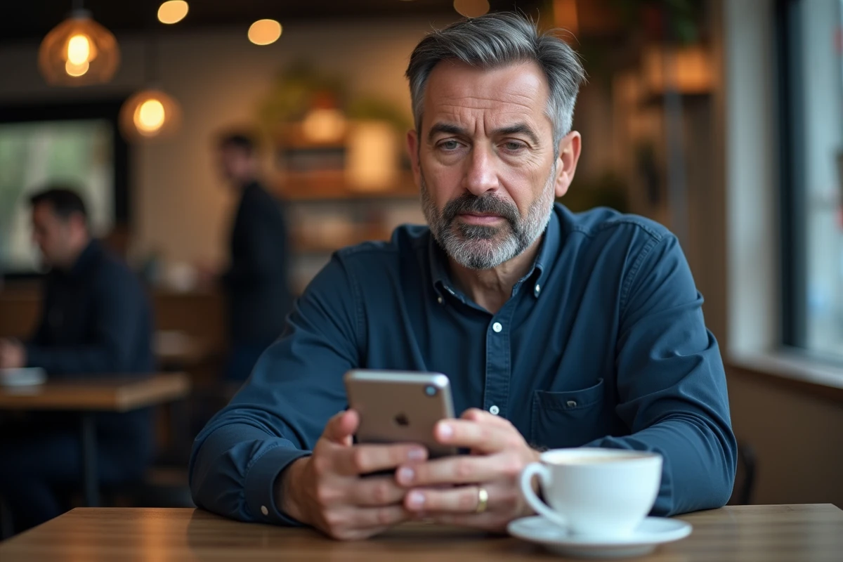 Homme consultant le portail ANTS sur smartphone dans un café pour retrouver son numéro NEPH