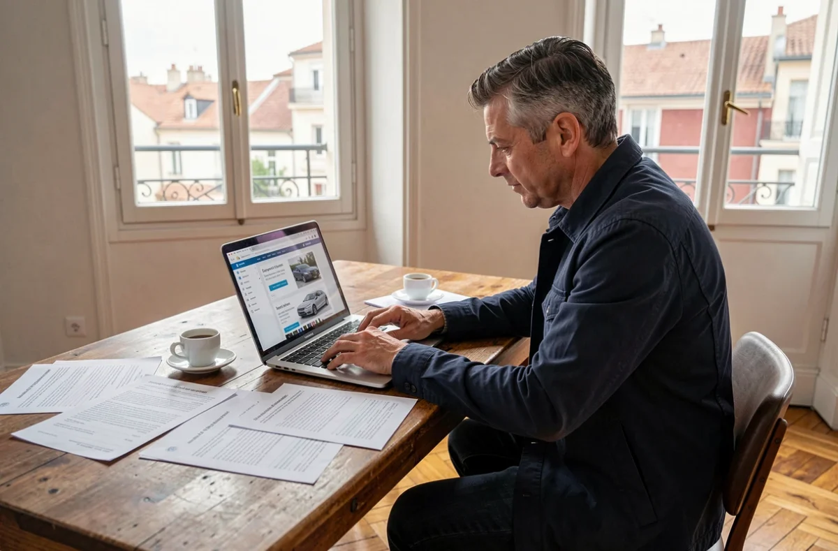 Homme comparant des offres d'assurance auto sur ordinateur portable dans un appartement bordelais