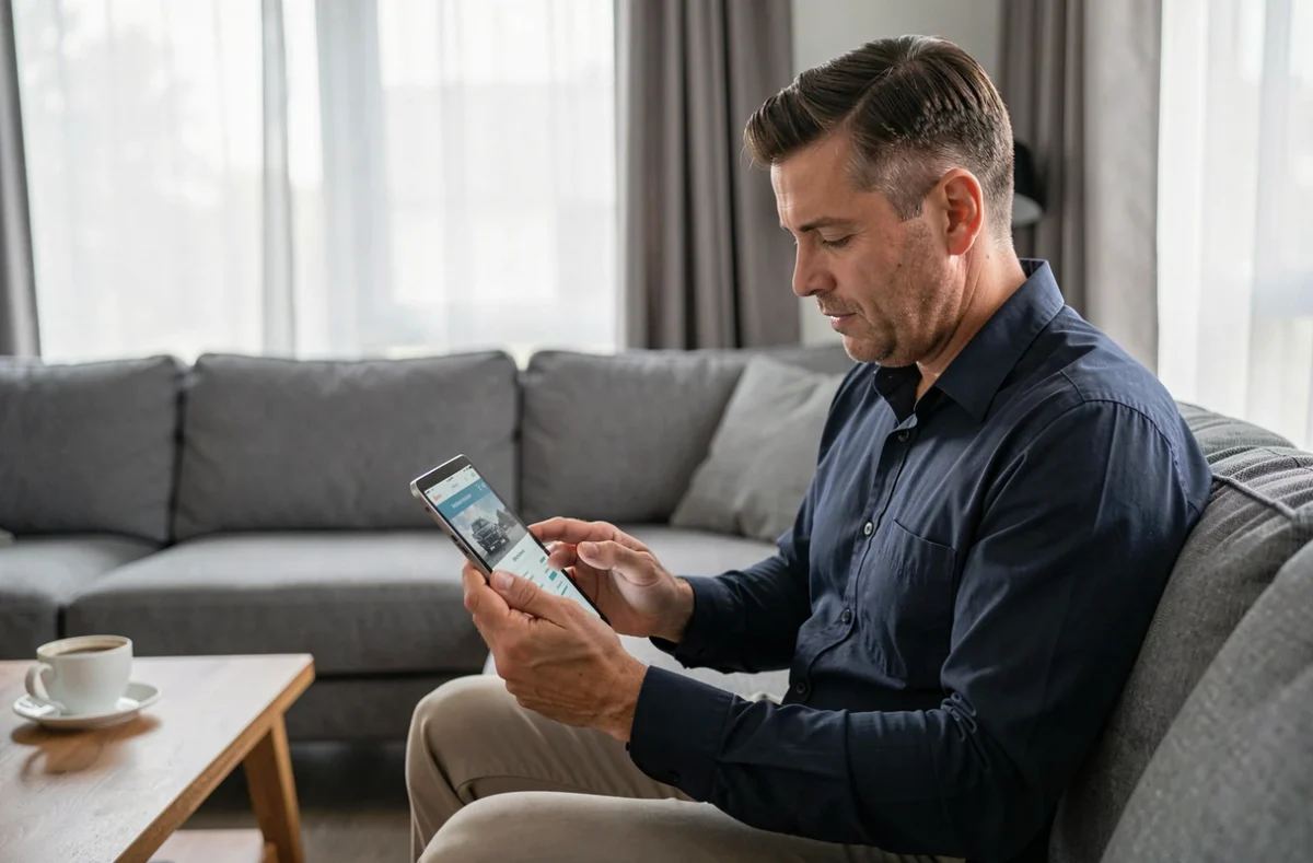 Homme comparant des offres d'assurance auto sur tablette depuis son salon sans se déplacer