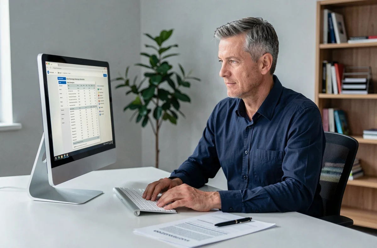 Homme consultant un comparateur d'assurance auto sur ordinateur de bureau dans un bureau à domicile