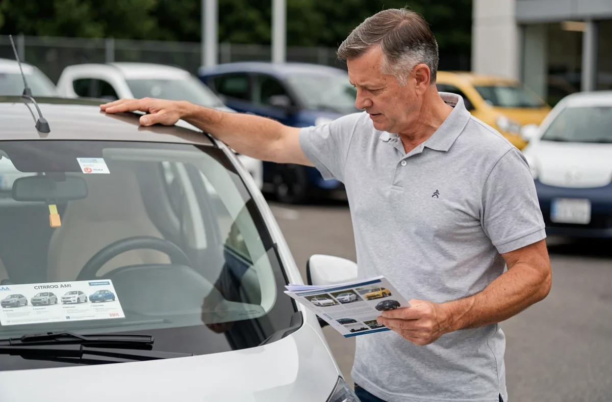 Homme consultant une brochure de prix à côté d'une Citroën Ami électrique chez un concessionnaire