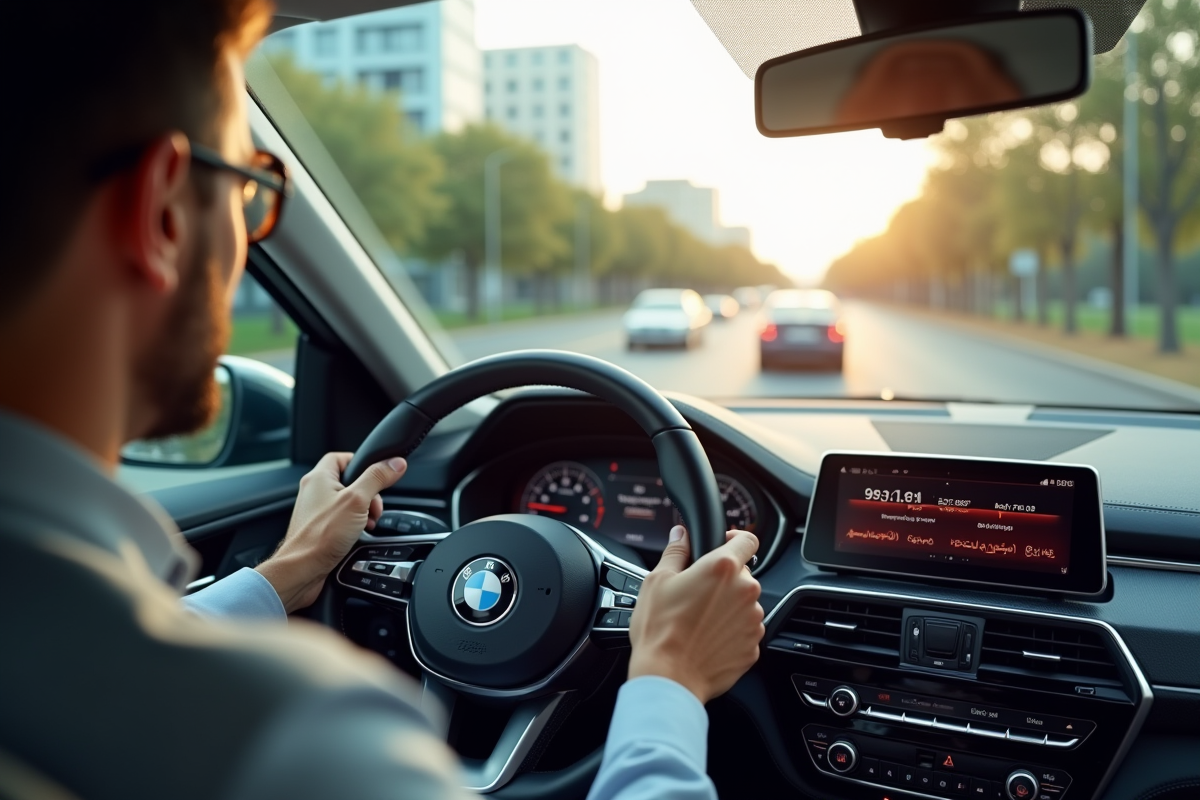 Homme au volant appelant securite routiere sur ecran tactile