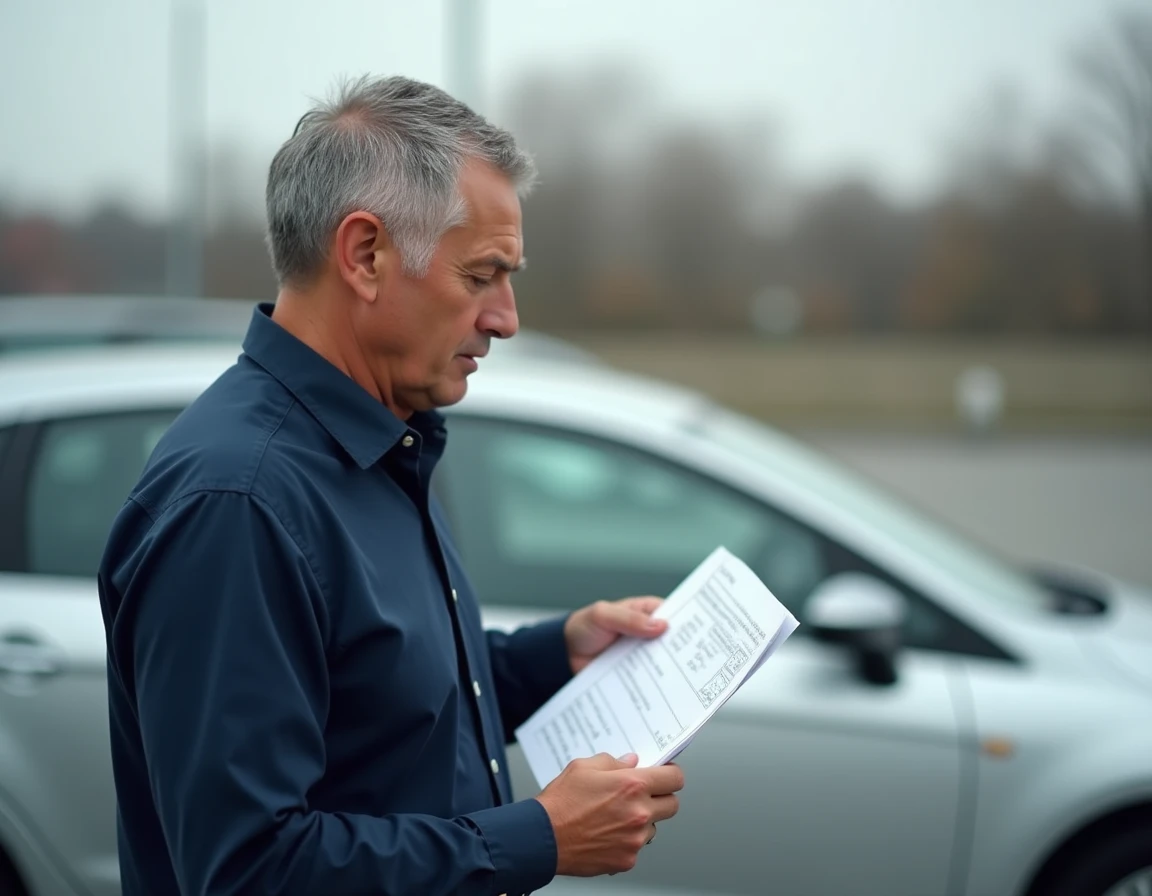 Homme vérifiant la cylindrée de sa voiture avec un document d'immatriculation en main