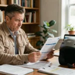 Homme consultant des documents d'assurance scooter après une suspension de permis, casque posé sur le bureau