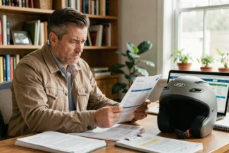 Homme consultant des documents d'assurance scooter après une suspension de permis, casque posé sur le bureau
