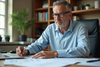 Homme consultant des documents administratifs pour le changement de carte grise lors d'un déménagement en nouvelle région