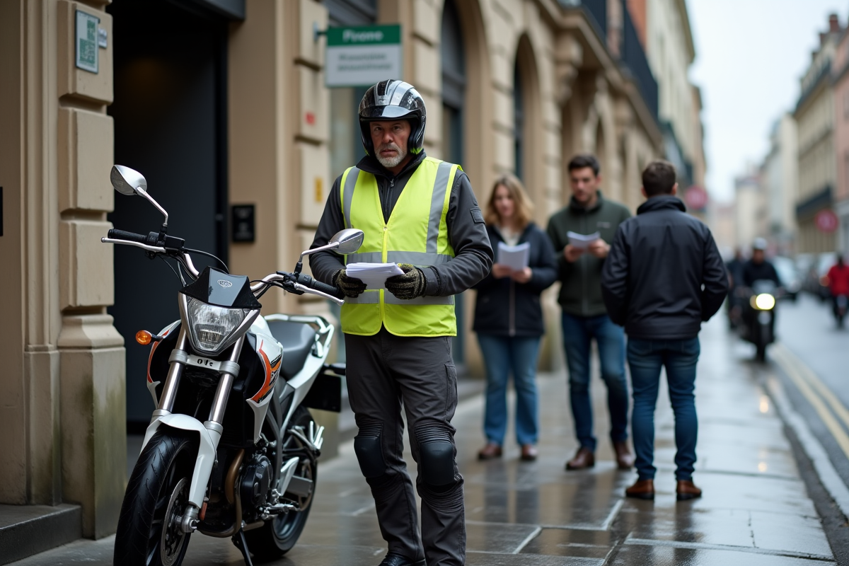 Homme en examen moto devant un bureau officiel