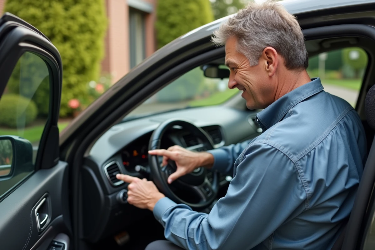 Homme explique les symboles du tableau de bord de sa voiture