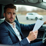 Homme inquiet dans sa voiture avec document officiel