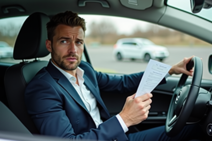 Homme inquiet dans sa voiture avec document officiel