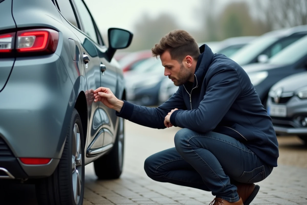 Un homme inspecte une Renault Clio 5 grise d'occasion dans un parking de concessionnaire automobile