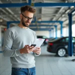 Homme d'âge moyen vérifiant un reçu d'inspection voiture DEKRA