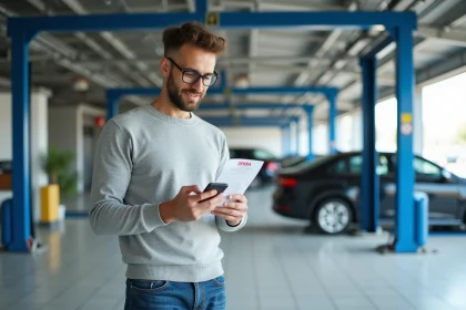 Homme d'âge moyen vérifiant un reçu d'inspection voiture DEKRA