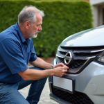 Homme en bleu installe une plaque sur une voiture