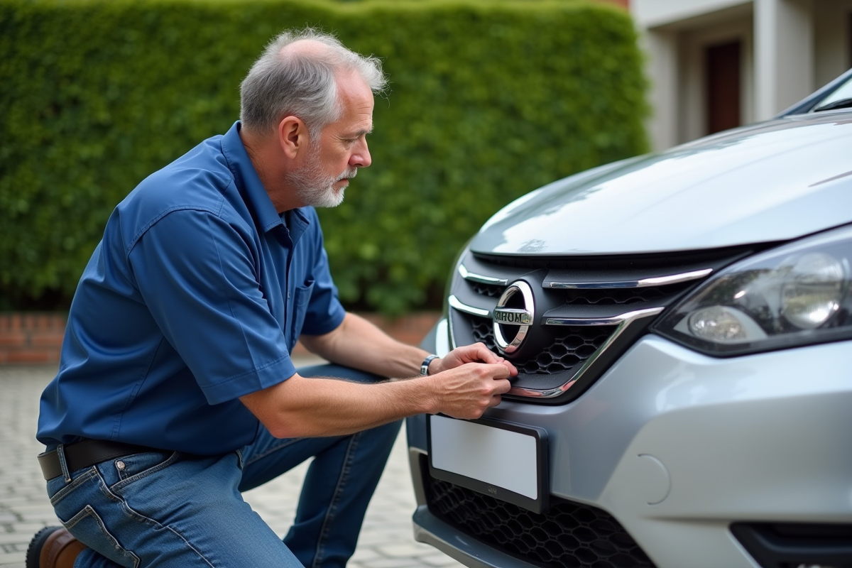 Homme en bleu installe une plaque sur une voiture