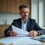 Homme en tenue décontractée examine des documents dans une cuisine moderne