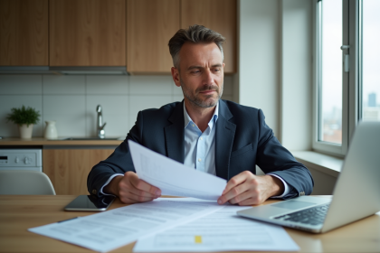 Homme en tenue décontractée examine des documents dans une cuisine moderne