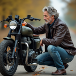 Homme d'âge moyen inspectant sa moto classique en nature