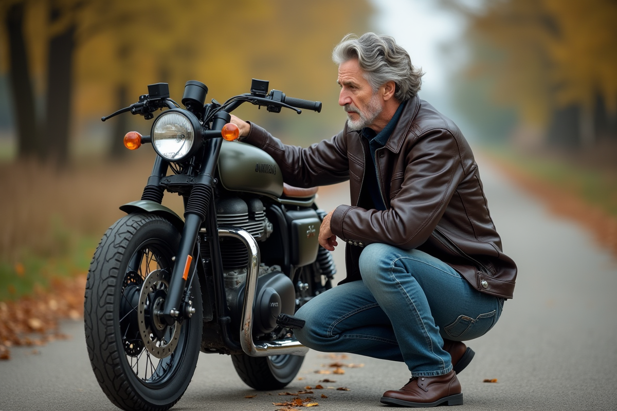 Homme d'âge moyen inspectant sa moto classique en nature
