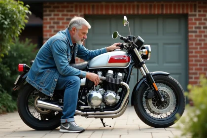 Homme regardant le moteur d'une Honda CB750 en extérieur