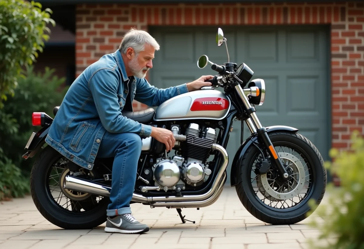 Homme regardant le moteur d'une Honda CB750 en extérieur