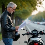 Homme en moto lisant un document au bord de la route