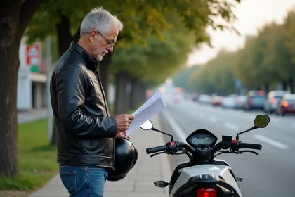 Homme en moto lisant un document au bord de la route