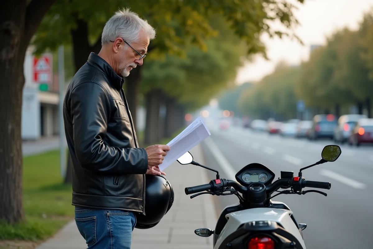 Homme en moto lisant un document au bord de la route