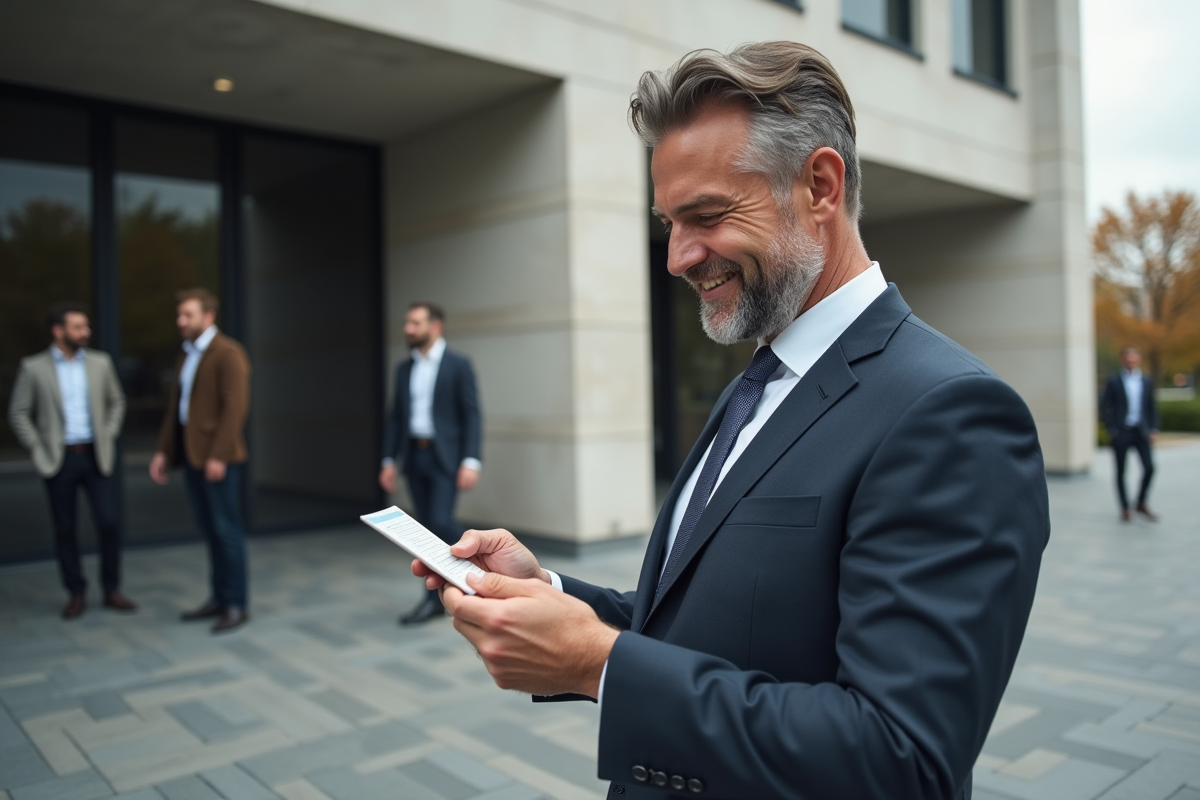 Homme souriant avec son permis devant un bâtiment officiel