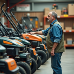Homme en vêtements de travail inspectant des tondeuses modernes