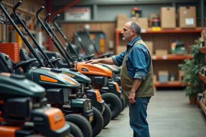 Homme en vêtements de travail inspectant des tondeuses modernes