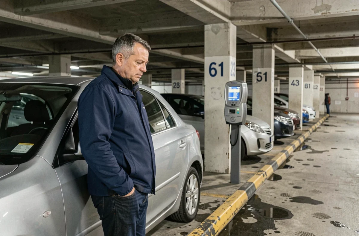 Homme cherchant une place dans un parking à étages près de la gare de Valence