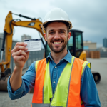 Homme souriant tenant son permis miniexcavateur en extérieur