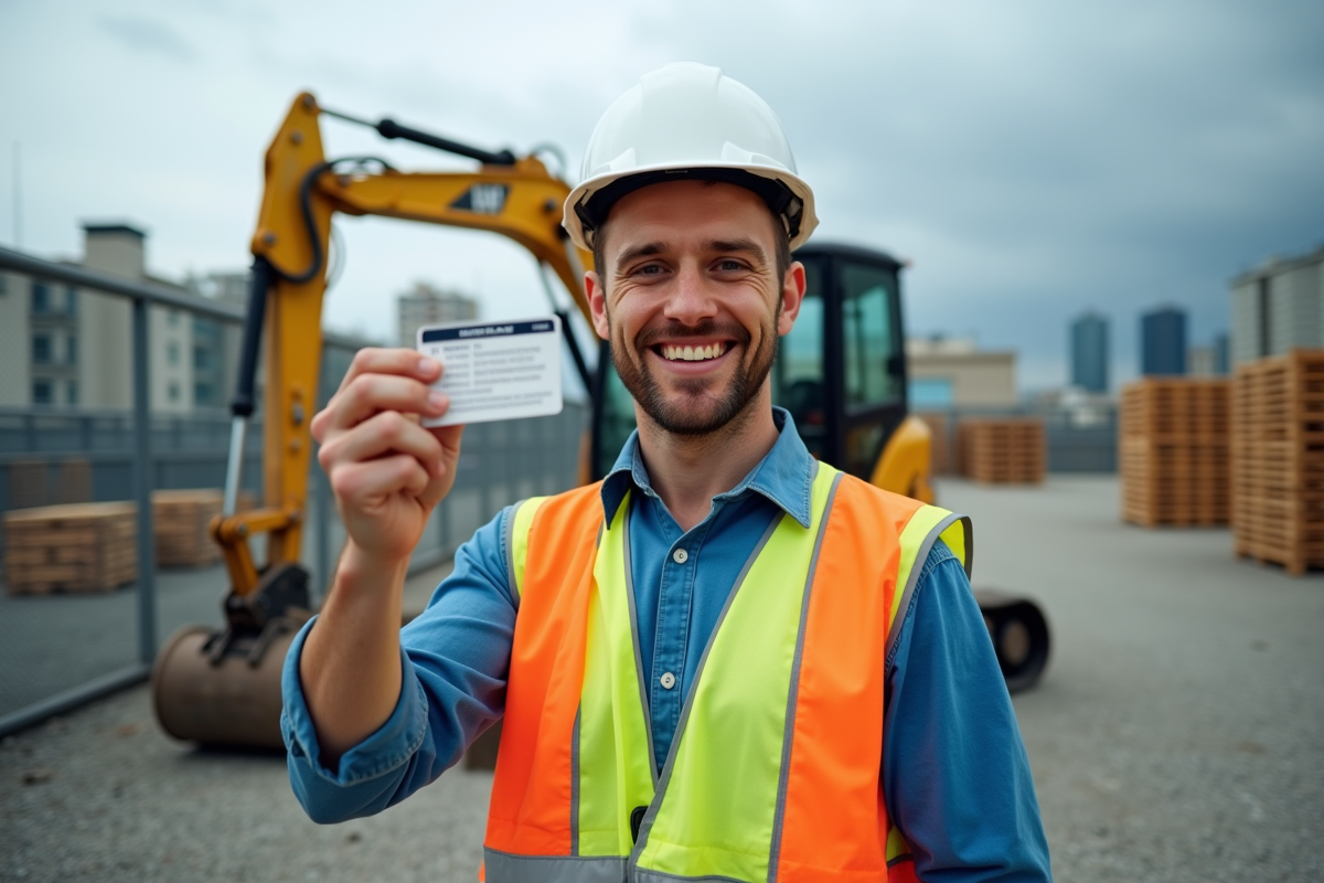 Homme souriant tenant son permis miniexcavateur en extérieur