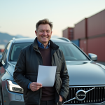 Homme souriant avec papier devant voiture importee en port