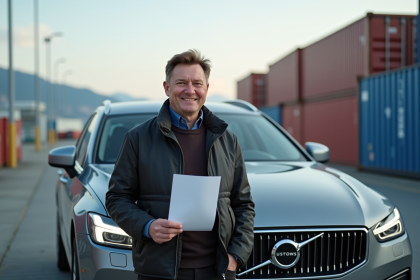 Homme souriant avec papier devant voiture importee en port