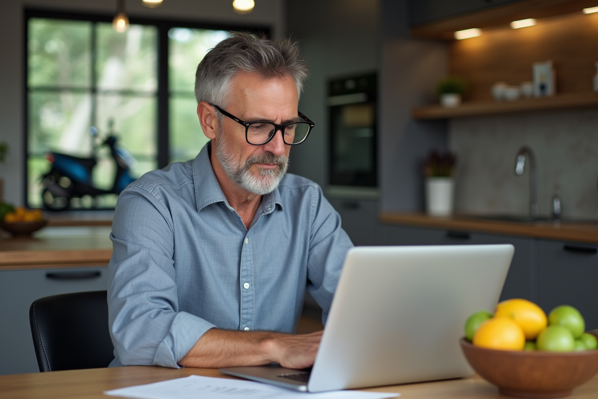 Homme d age recherchant assurance moto dans sa cuisine
