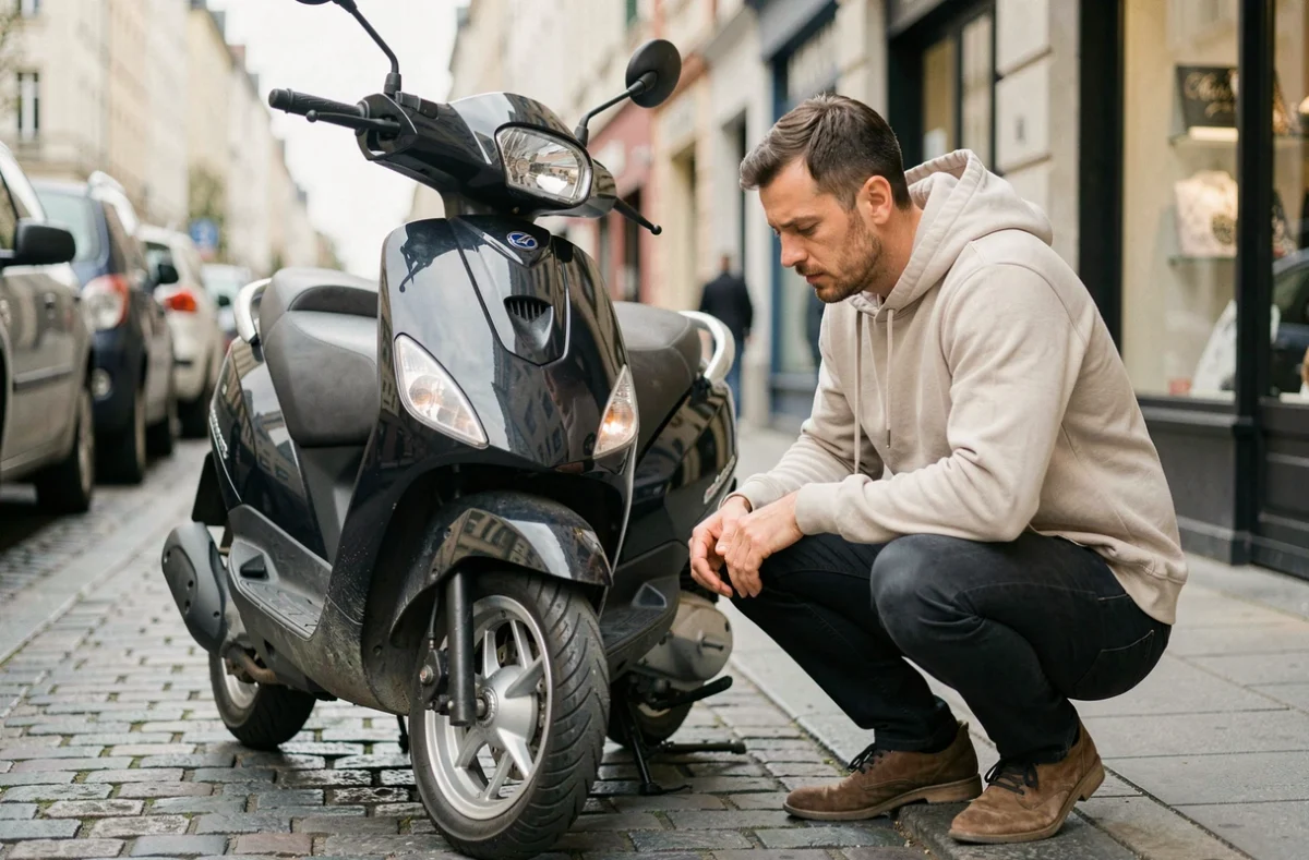 Homme inspectant son scooter garé dans la rue après une suspension de permis de conduire